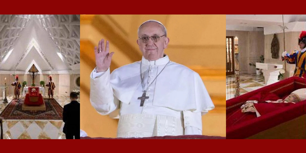 Papa Francesco. Immagine della salma: veste liturgica rossa e rosario tra le mani