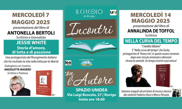 Rovigo. “Incontri con l’Autore”, a maggio Antonella Bertoli e Annalinda De Toffol